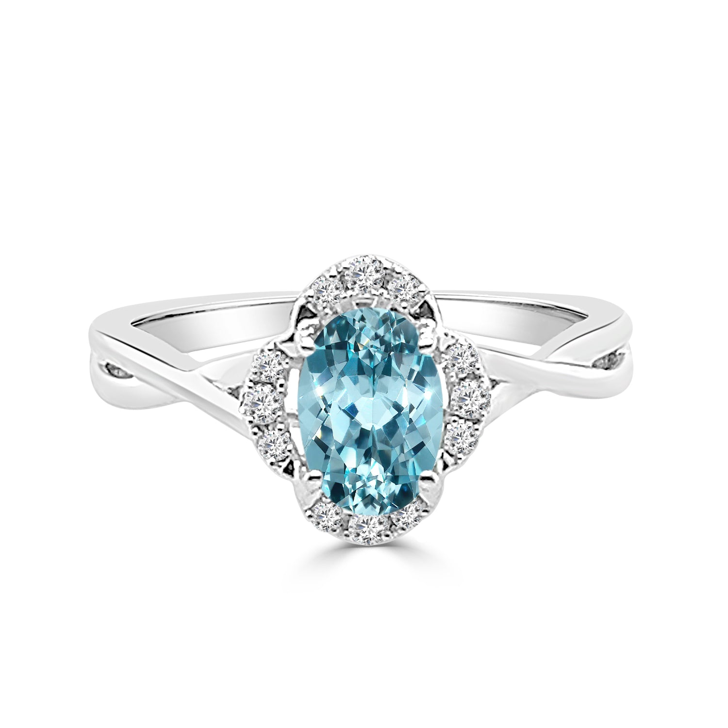Floral Diamond Halo Aquamarine Ring in 14K White Gold with Oval-Shaped 0.68ct Aquamarine