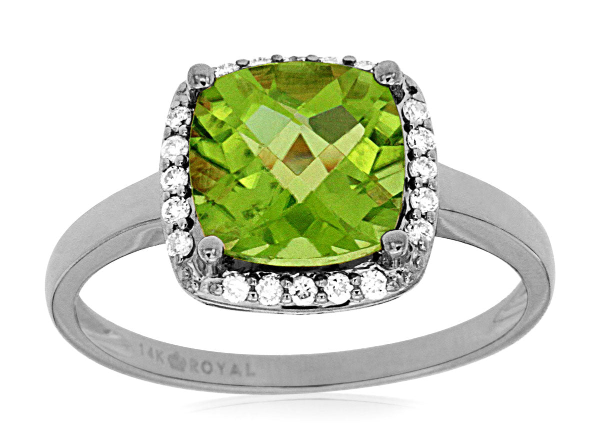 14K White Gold Cushion Cut Peridot and Diamond Ring - 2.10 Carats