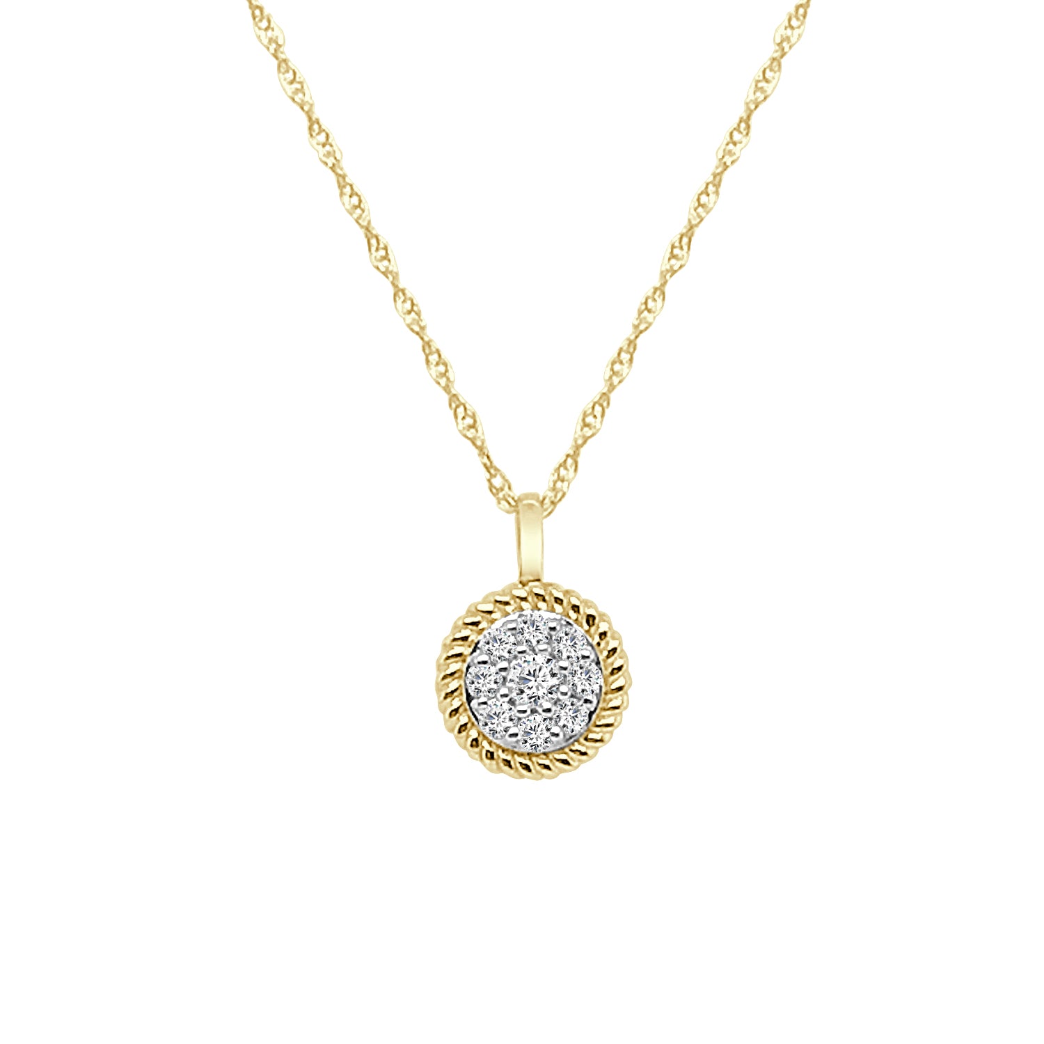 10K Yellow Gold Rope Halo Cluster Circle Necklace with 0.15 ct Natural Diamond