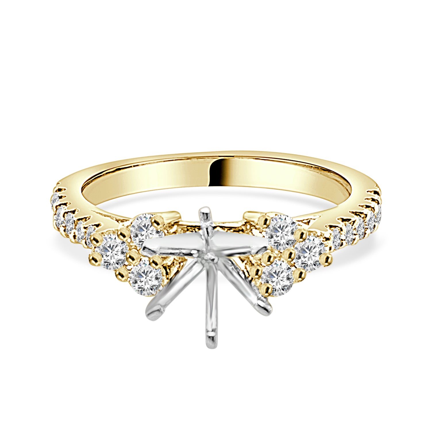 14K Yellow Gold Three Stone Side Accent Engagement Mounting with Natural Diamond - 0.50 Carat