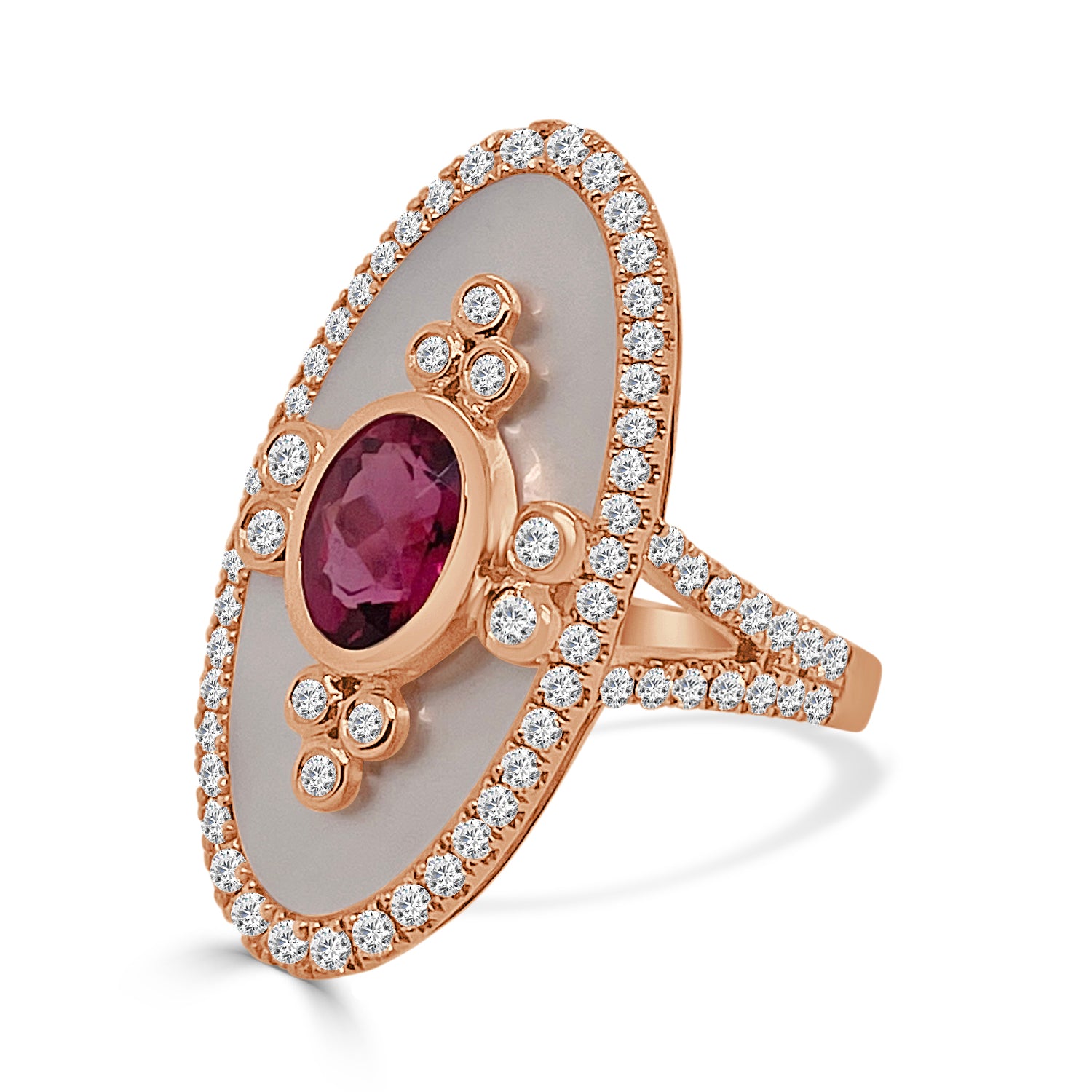 18 Karat Rose Gold Mother of Pearl Coctail Ring with Rubellite - 1.09 Carats