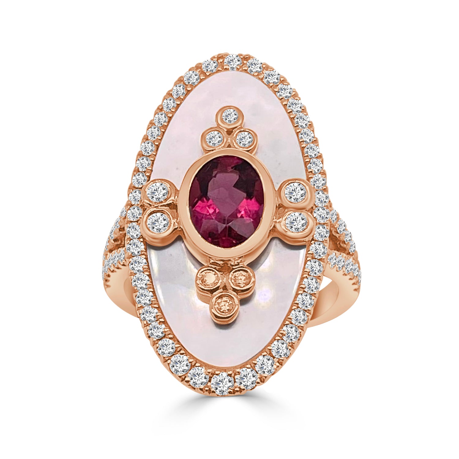 18 Karat Rose Gold Mother of Pearl Coctail Ring with Rubellite - 1.09 Carats