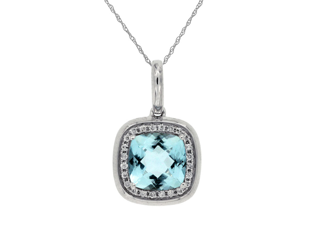 14K White Gold Cable Halo Necklace with Aquamarine Gemstone and Diamond Accents