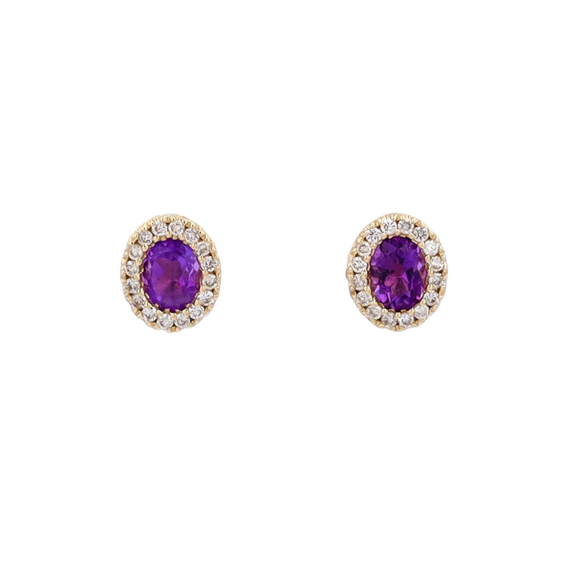 Amethyst Brilliance: 10K Yellow Gold Earrings with Diamond Halo