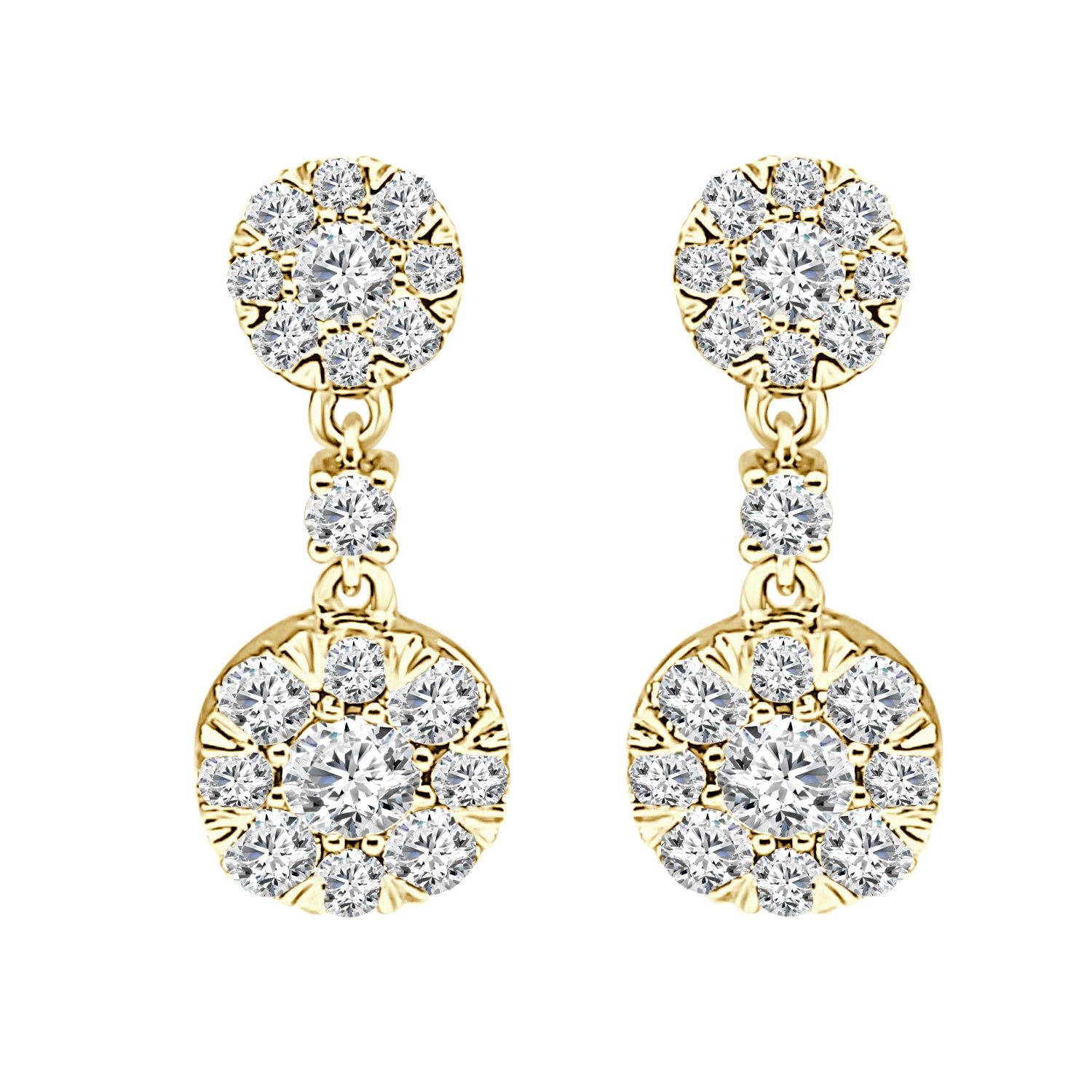 14K Yellow Gold Double Round Cluster Earrings with 1.27 Carat Natural Diamonds