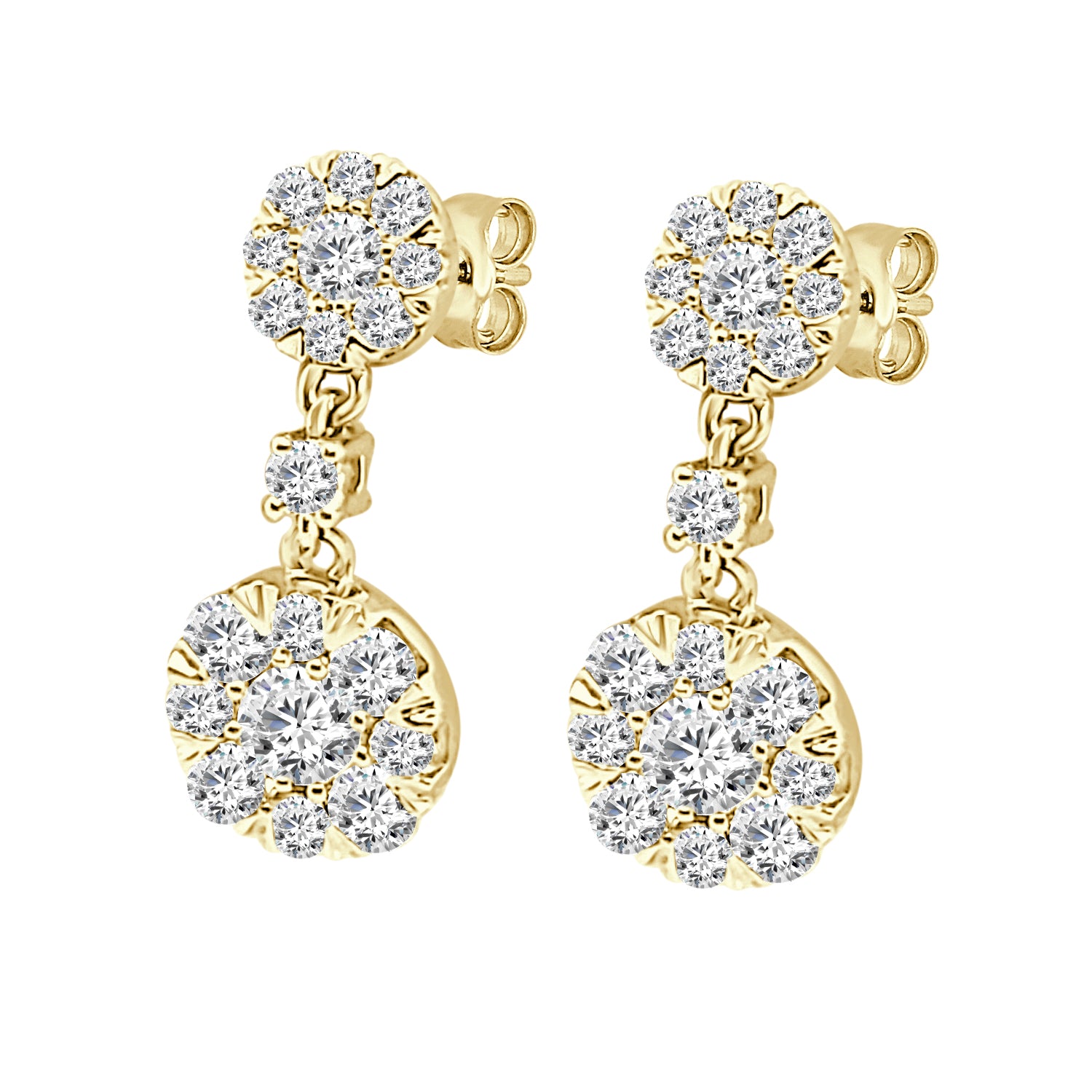 14K Yellow Gold Double Round Cluster Earrings with 1.27 Carat Natural Diamonds