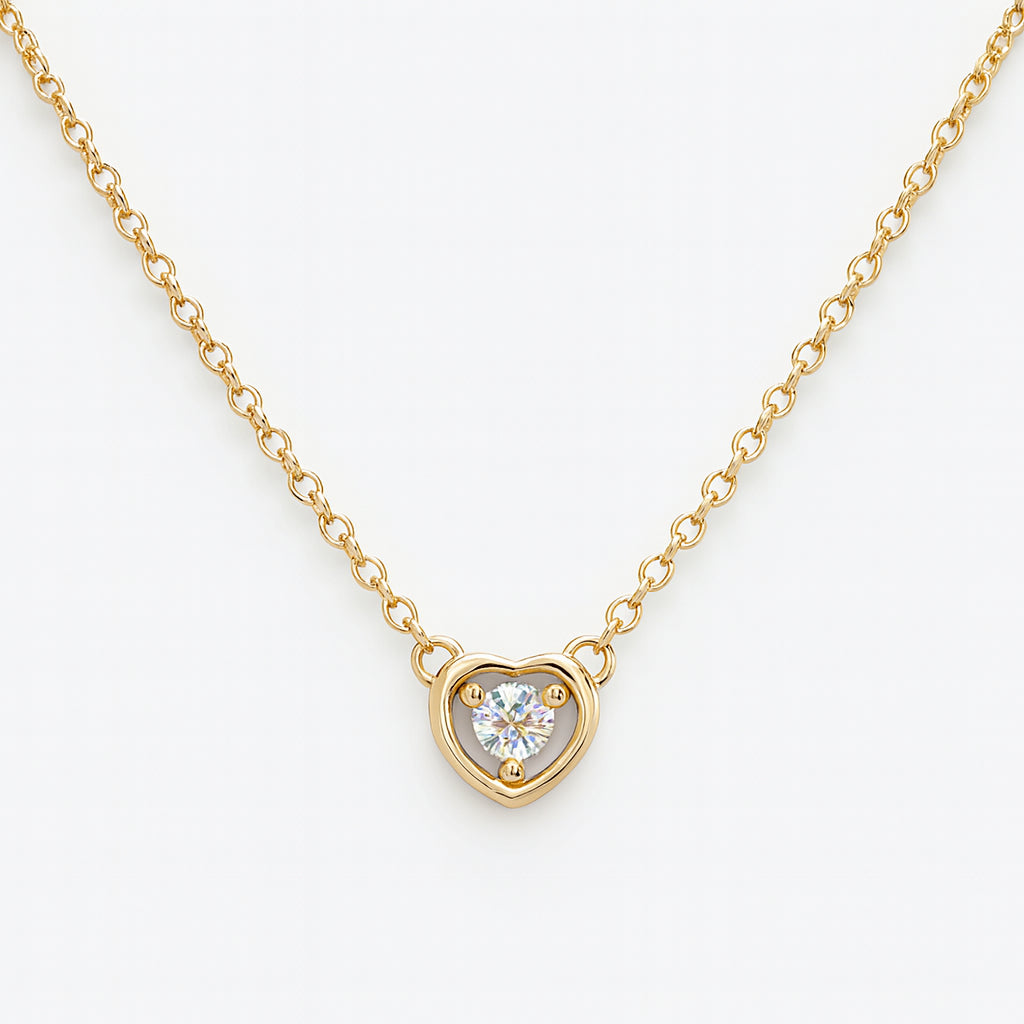 14K Yellow Gold Necklace with Open Heart Design and Floating Round Diamond (0.11 ct)