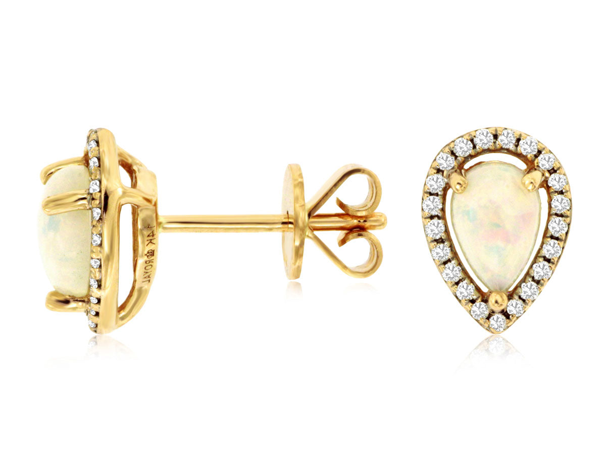 14 Karat Yellow Gold Halo Stud Earrings with Pear Shape Opal Gemstone and Round Cut Natural Diamond Accents