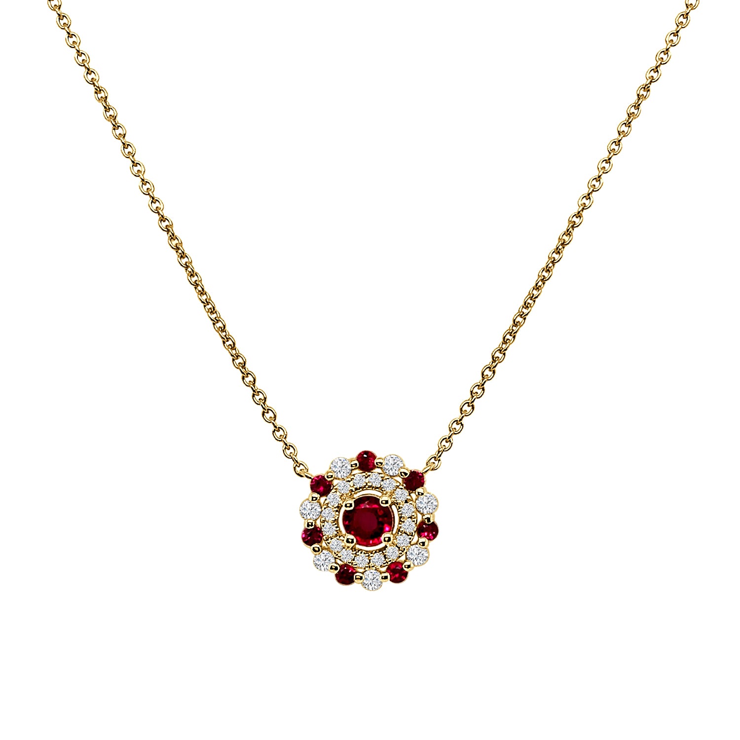 14K Yellow Gold Double Halo Ruby Necklace - Round Shape 0.51 Carats