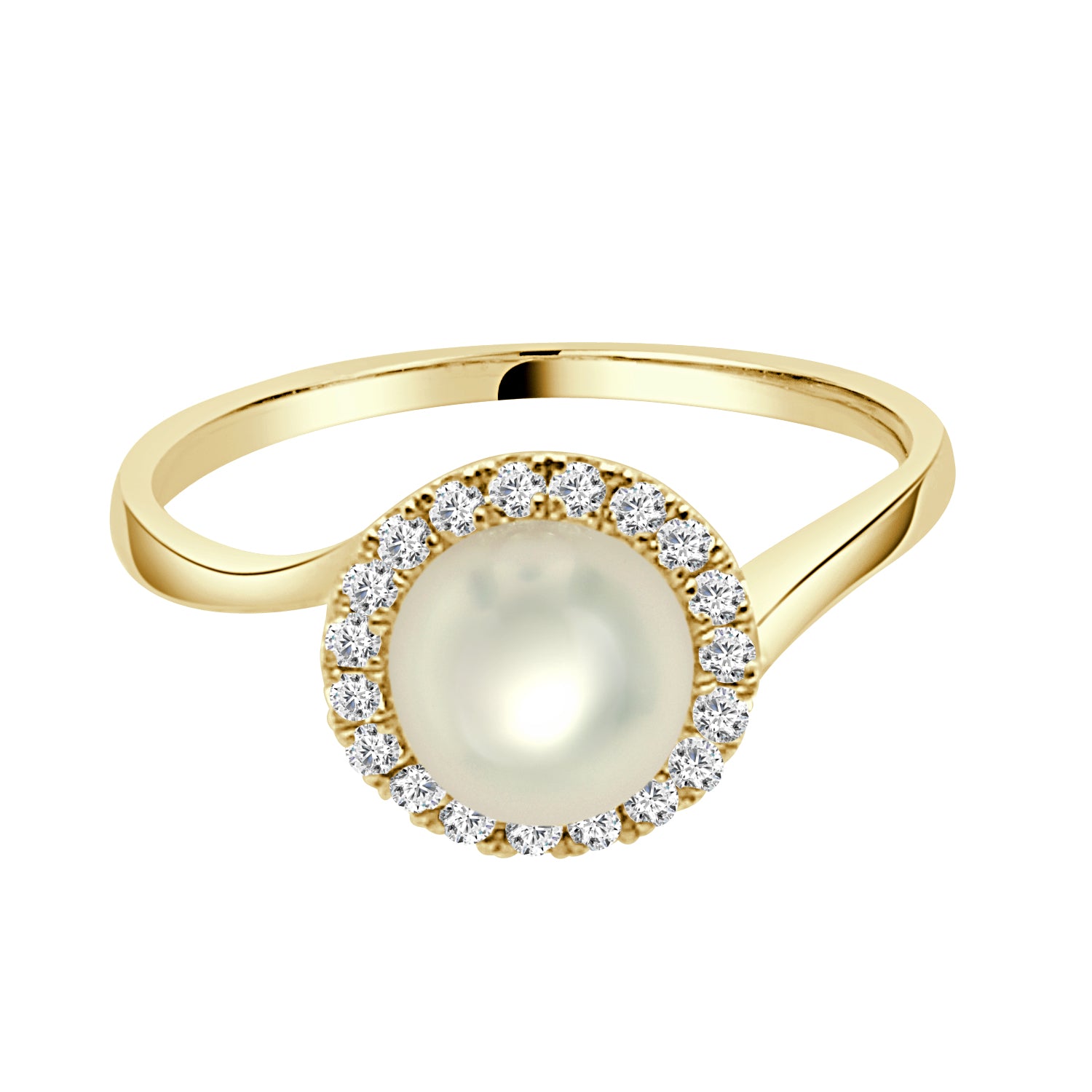 14 Karat Yellow Gold Pearl Bypass Round Halo Ring