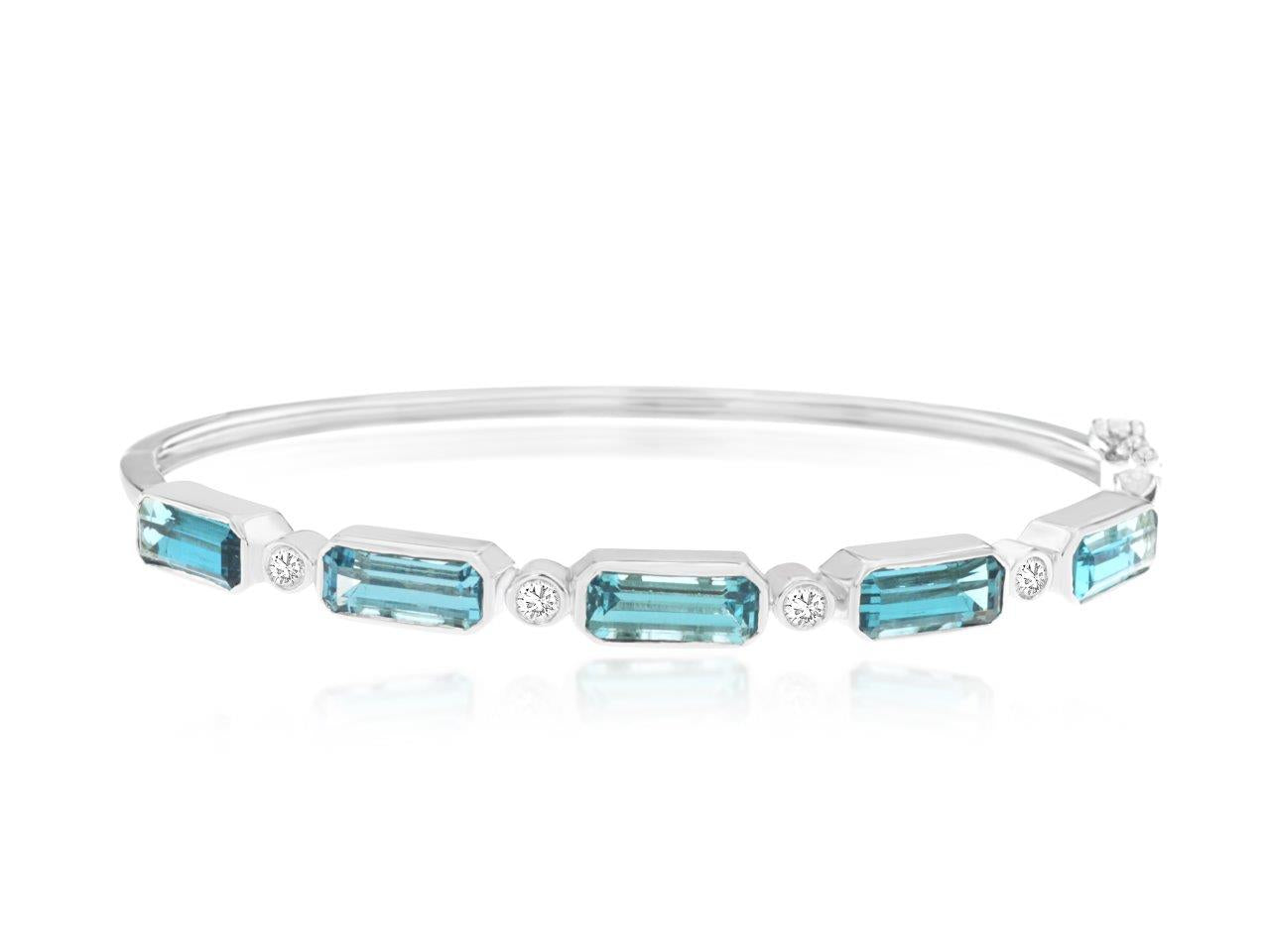 Stunning Swiss Blue Topaz & Diamond Bangle in 14 Karat White Gold - Emerald Shape, Size 8
