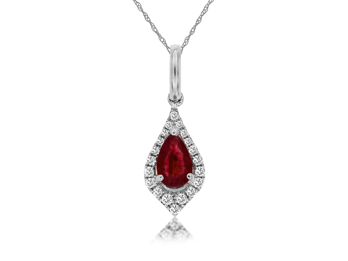 14 Karat White Gold Halo Necklace with Pear Shape Ruby, Round Natural Diamond and Cable Chain