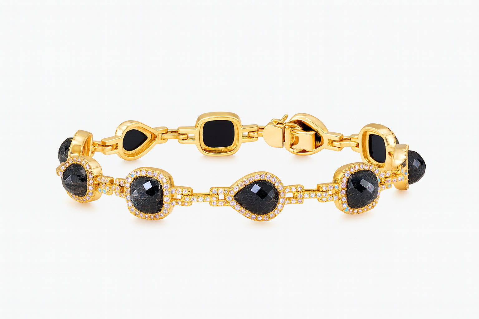 14K Yellow Gold Rose Cut Pear and Cushion Onyx Bracelet with Natural Diamond Accents
