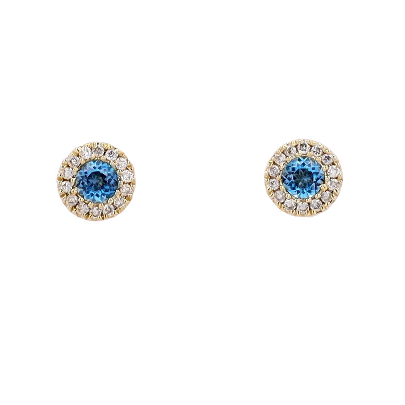 London Blue Topaz Round Stud Earrings with Diamond Halo in 10K Yellow Gold, 0.16 Carat