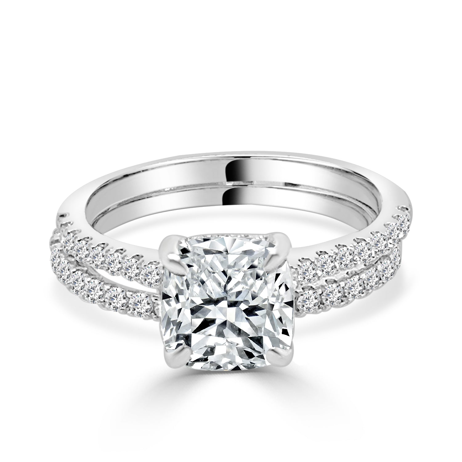 14K White Gold Lab Diamond Wedding Set - Cushion Shape 2.00 Carats