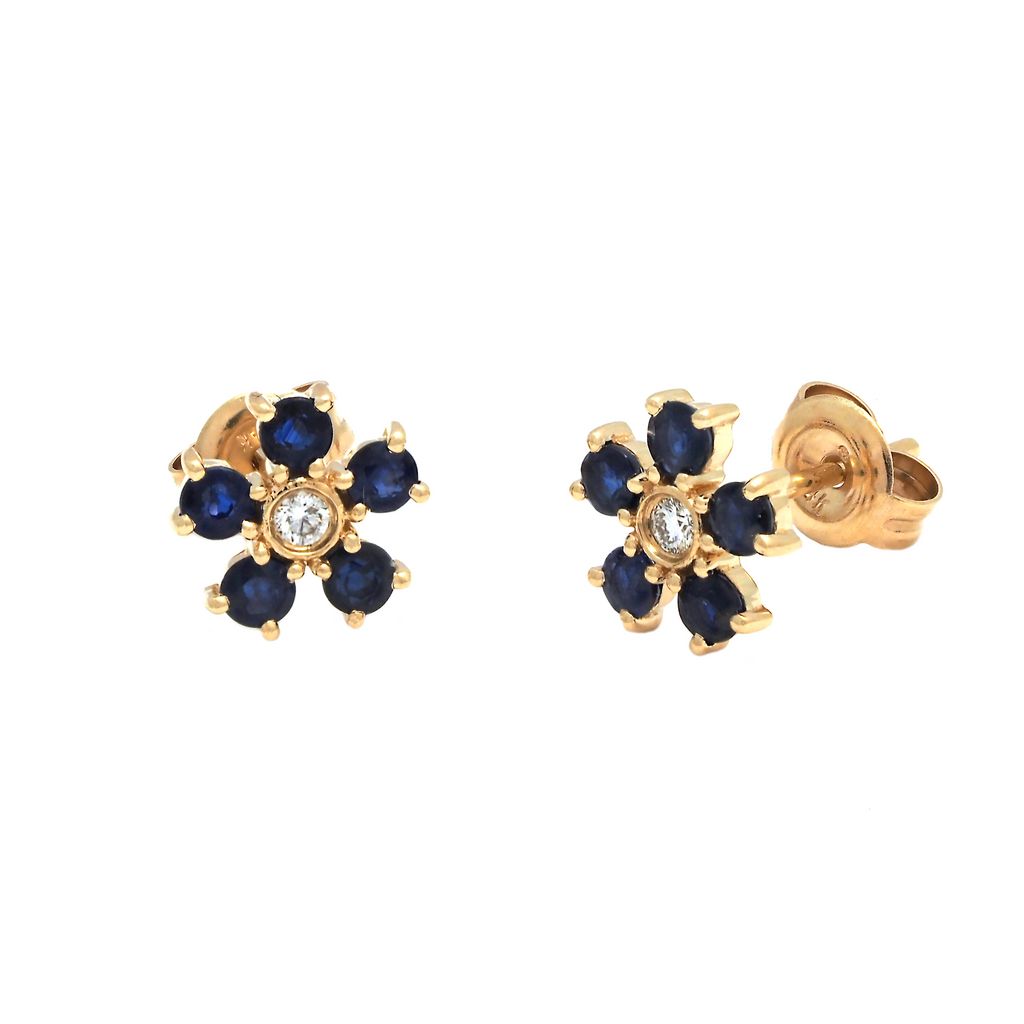 14 Karat Yellow Gold Flower Stud Earrings with Blue Sapphire, 0.72 ct