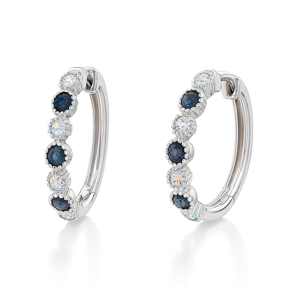 14K White Gold Blue Sapphire and Diamond Hoop Earrings - Round Shape 0.74ct