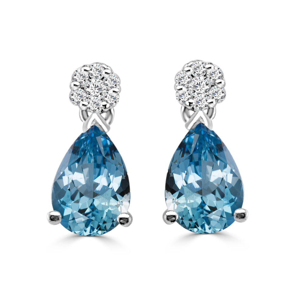 14K White Gold Aquamarine and Diamond Pear-Shaped Drop Earrings, 2.00 Carats