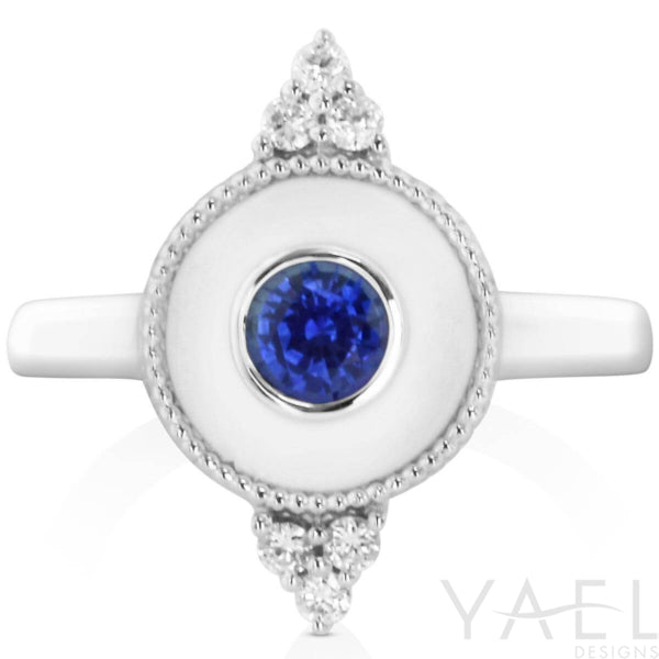 Regal Blue Sapphire Halo Ring in 14K White Gold with Enamel Detail