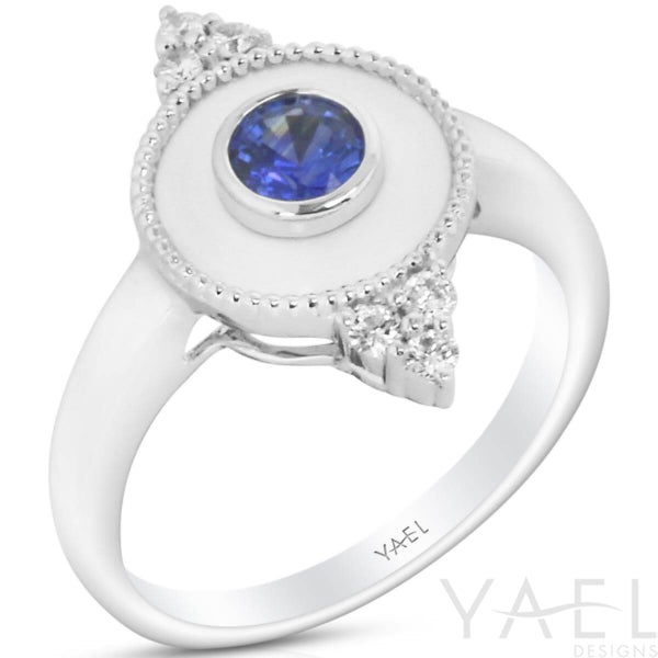 Regal Blue Sapphire Halo Ring in 14K White Gold with Enamel Detail