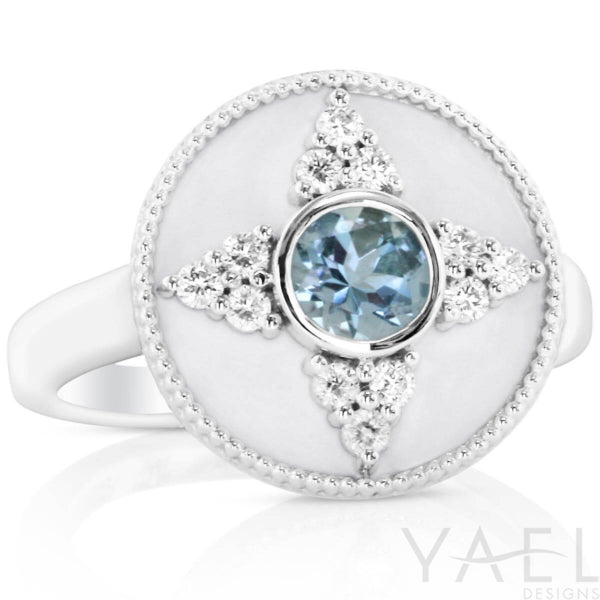 Regal Halo Aquamarine Ring in 14 Karat White Gold with Enamel Detail