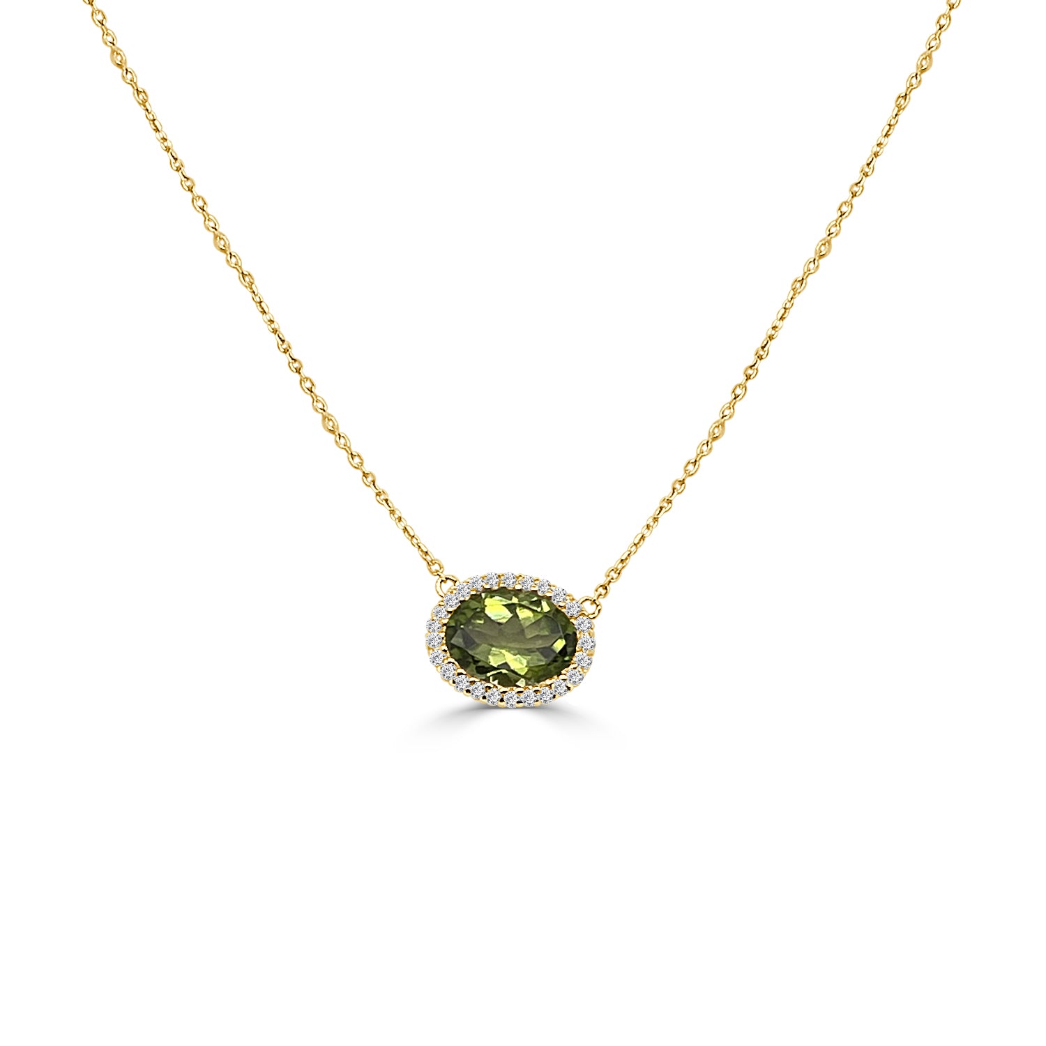 14 Karat Yellow Gold Peridot Necklace with Diamond Halo - 1.30 Carat