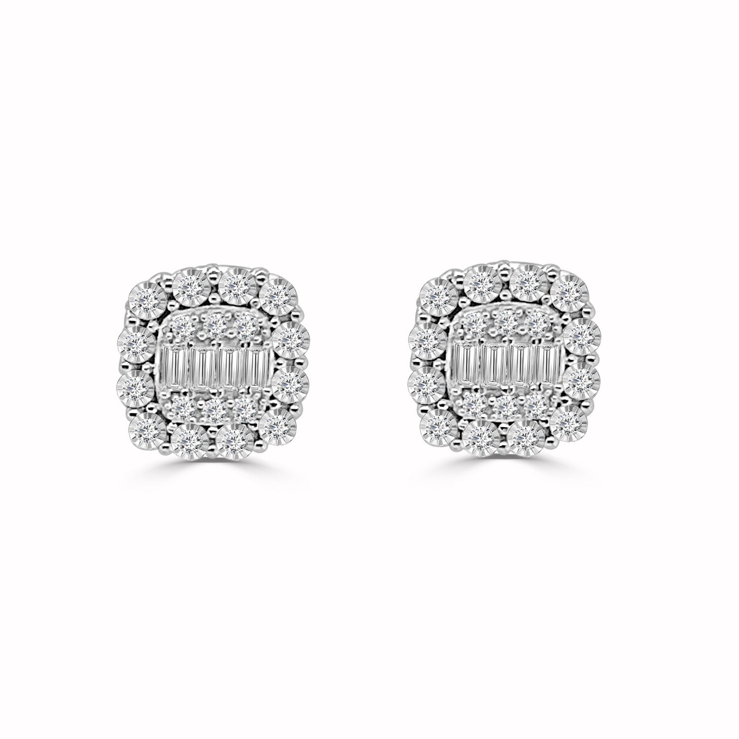 Sure! How about: Sparkling Elegance: 18K White Gold Mosaic Square Stud Earrings with Halo and 0.25ct Natural Diamonds?