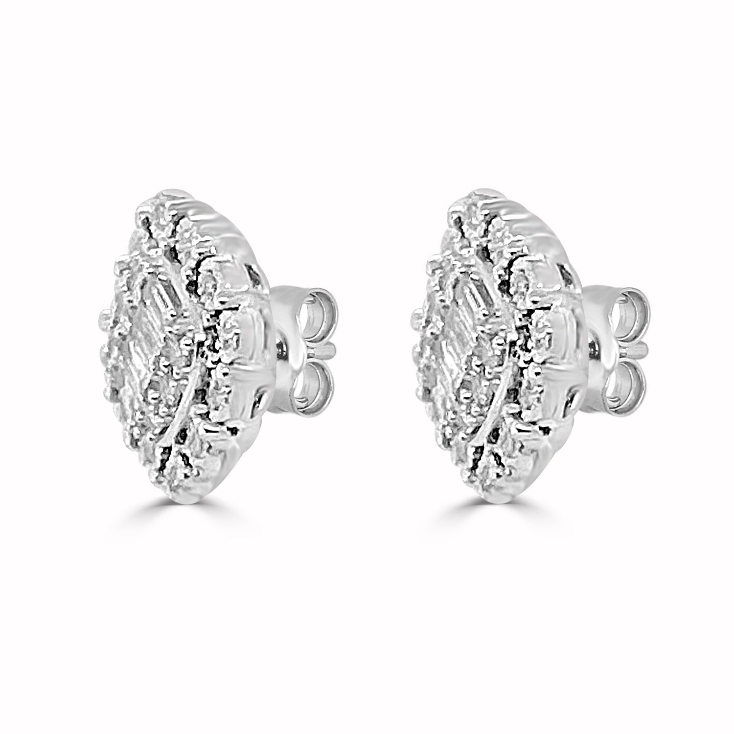 Sure! How about: Sparkling Elegance: 18K White Gold Mosaic Square Stud Earrings with Halo and 0.25ct Natural Diamonds?