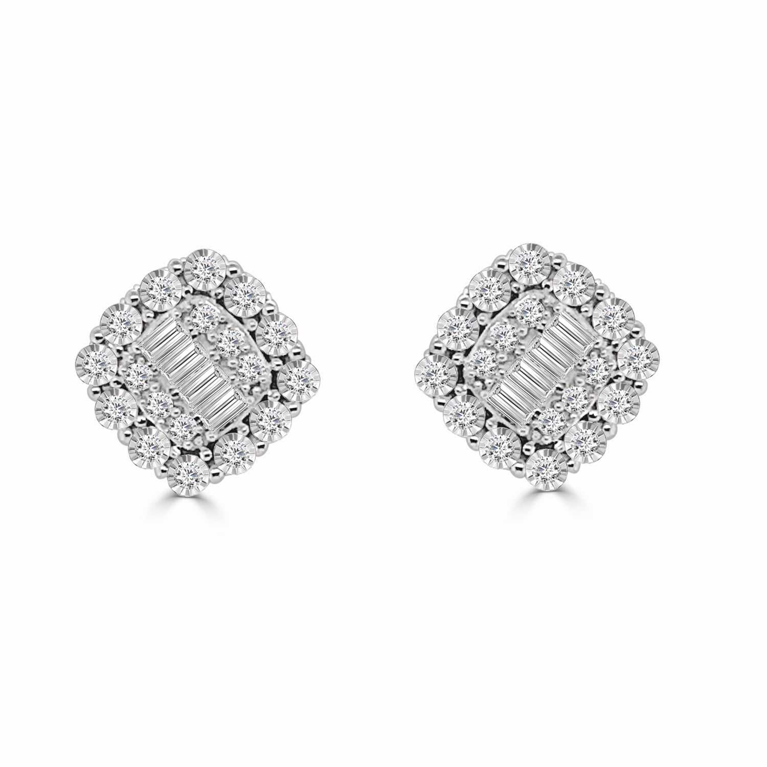 Sure! How about: Sparkling Elegance: 18K White Gold Mosaic Square Stud Earrings with Halo and 0.25ct Natural Diamonds?