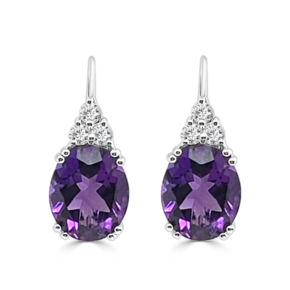 14K White Gold Amethyst and Diamond Drop Earrings with Oval Shape - Size 9