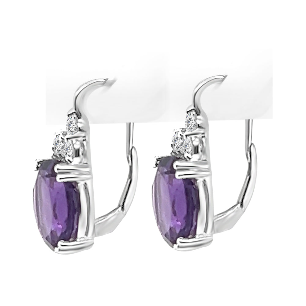 14K White Gold Amethyst and Diamond Drop Earrings with Oval Shape - Size 9