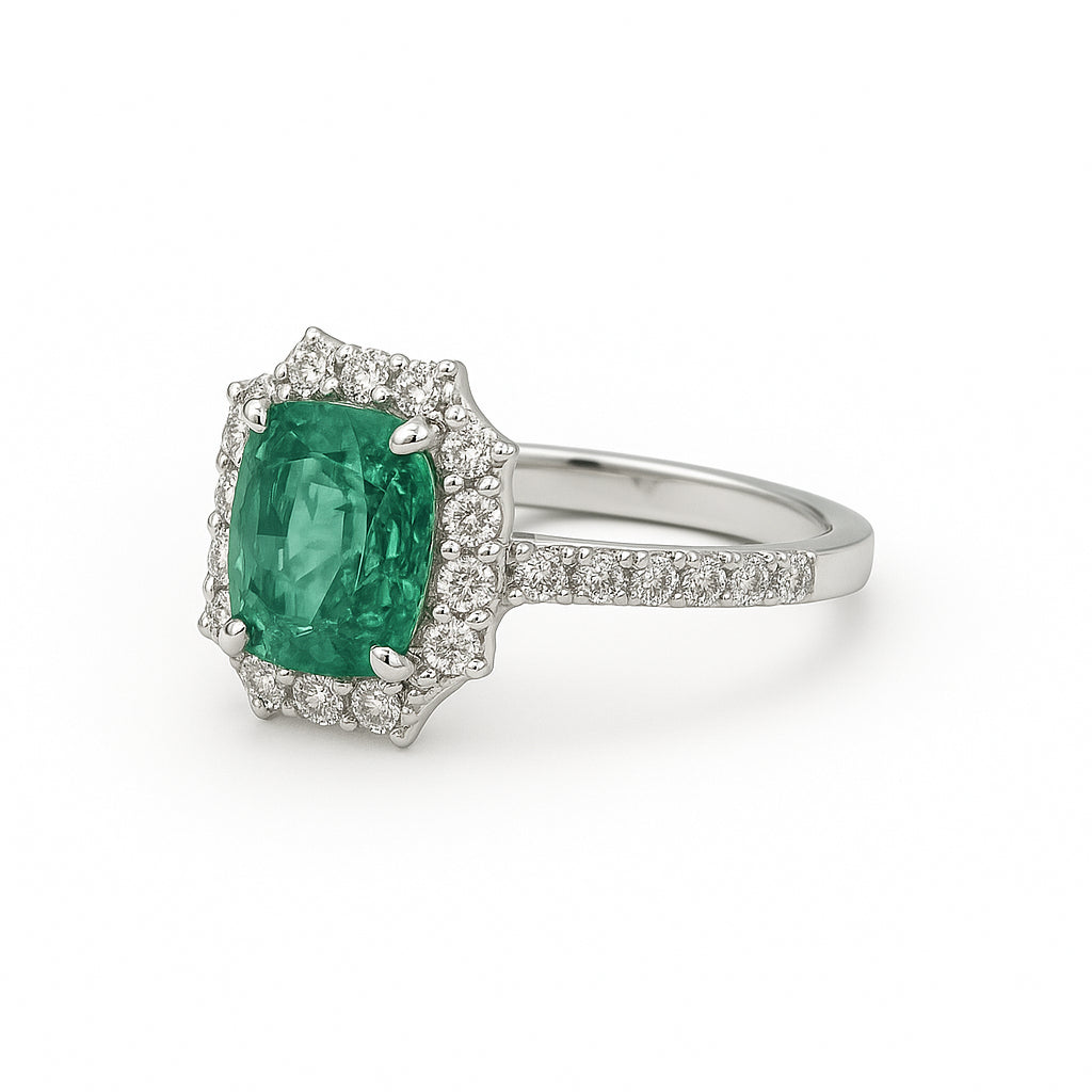 2.20 Carat Cushion Emerald Ring with Diamond Halo in 18 Karat White Gold