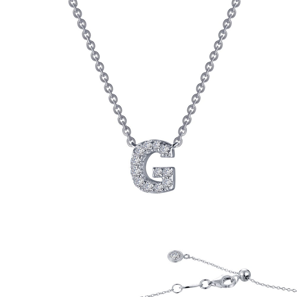 Platinum Coated Sterling Silver Block Letter G Necklace with Lassaire Stones - 0.38 Carats