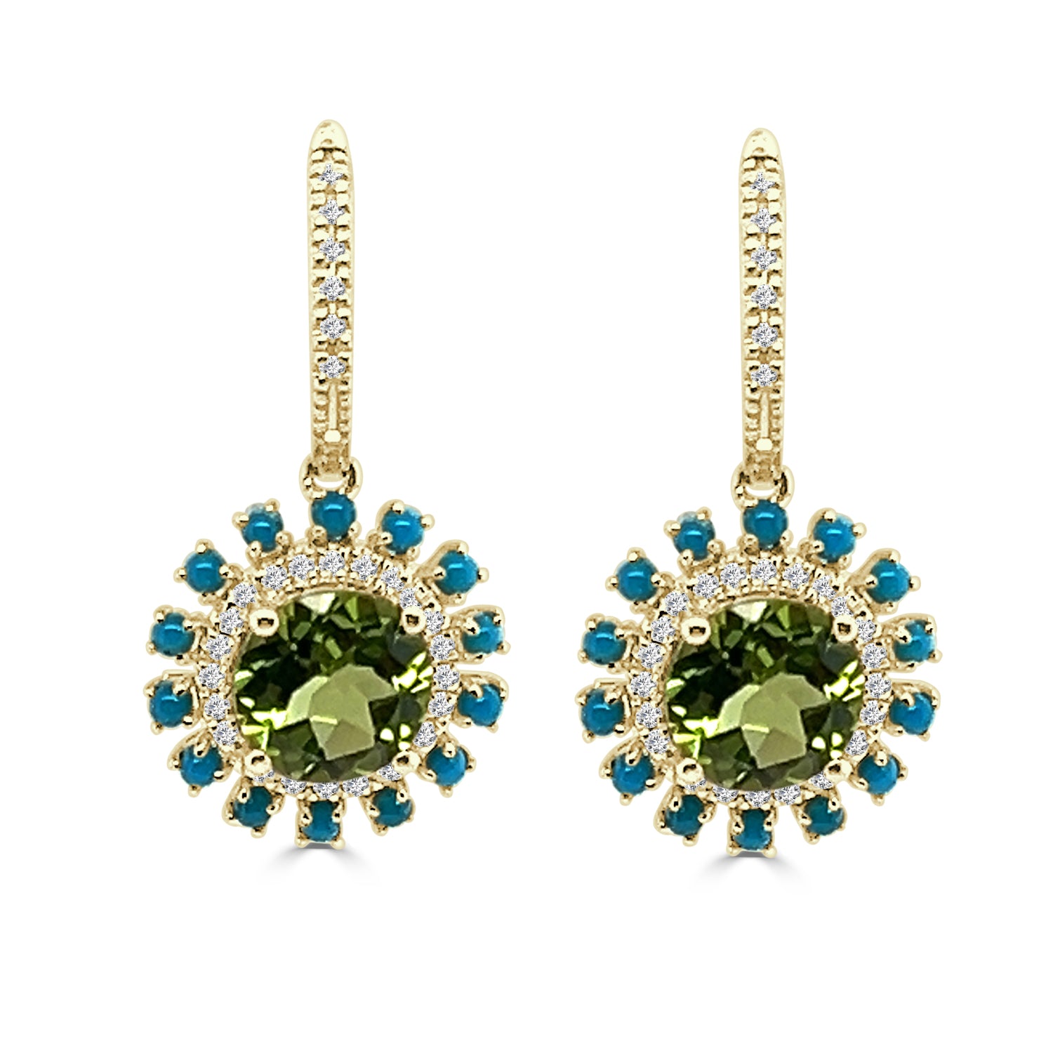 14K Yellow Gold Diamond and Turquoise Halo Drop Earrings with Peridot Accents - 2.00 Carat