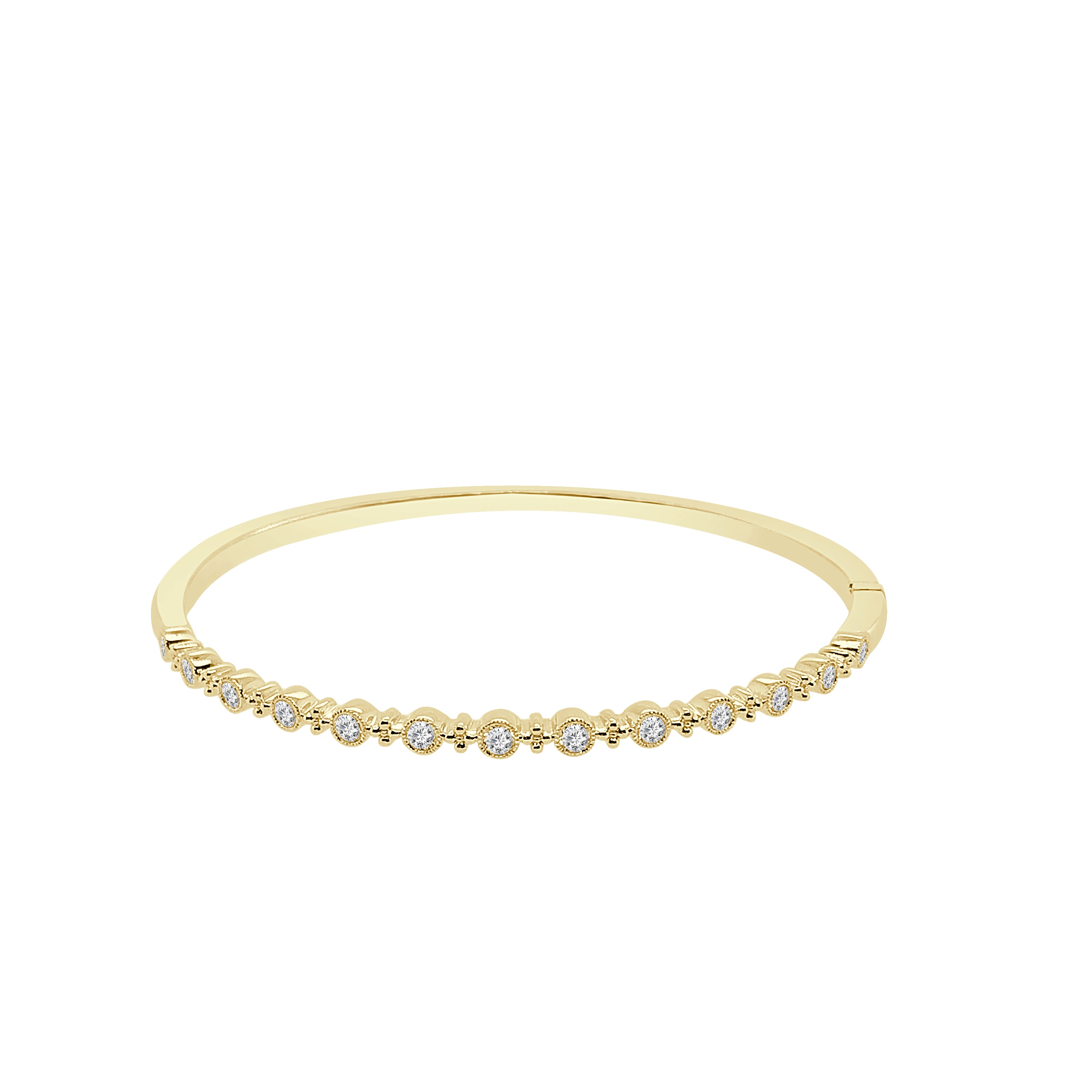 14K Yellow Gold Diamond Bangle with Alt Rd Bezel & Bead Hinge - 0.77 ctw