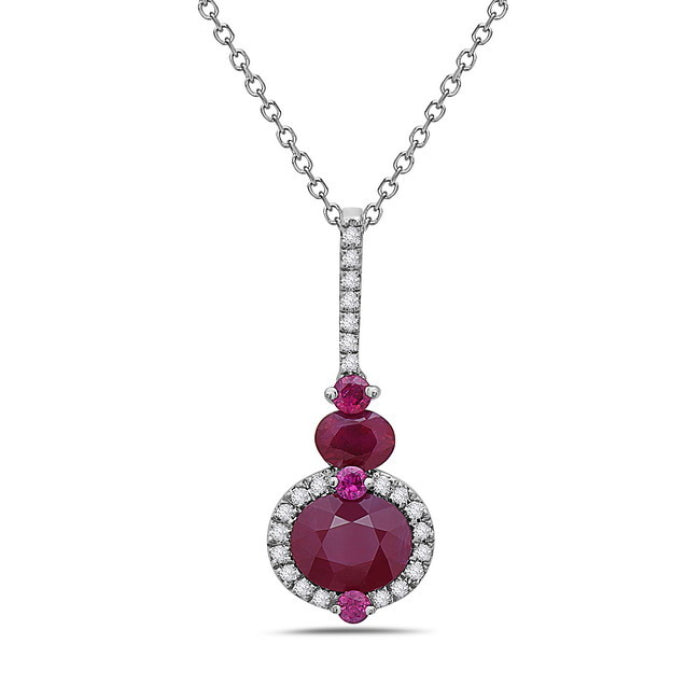 14K White Gold Ruby Fancy Alt Round & Oval Drop Necklace - 1.03 ct