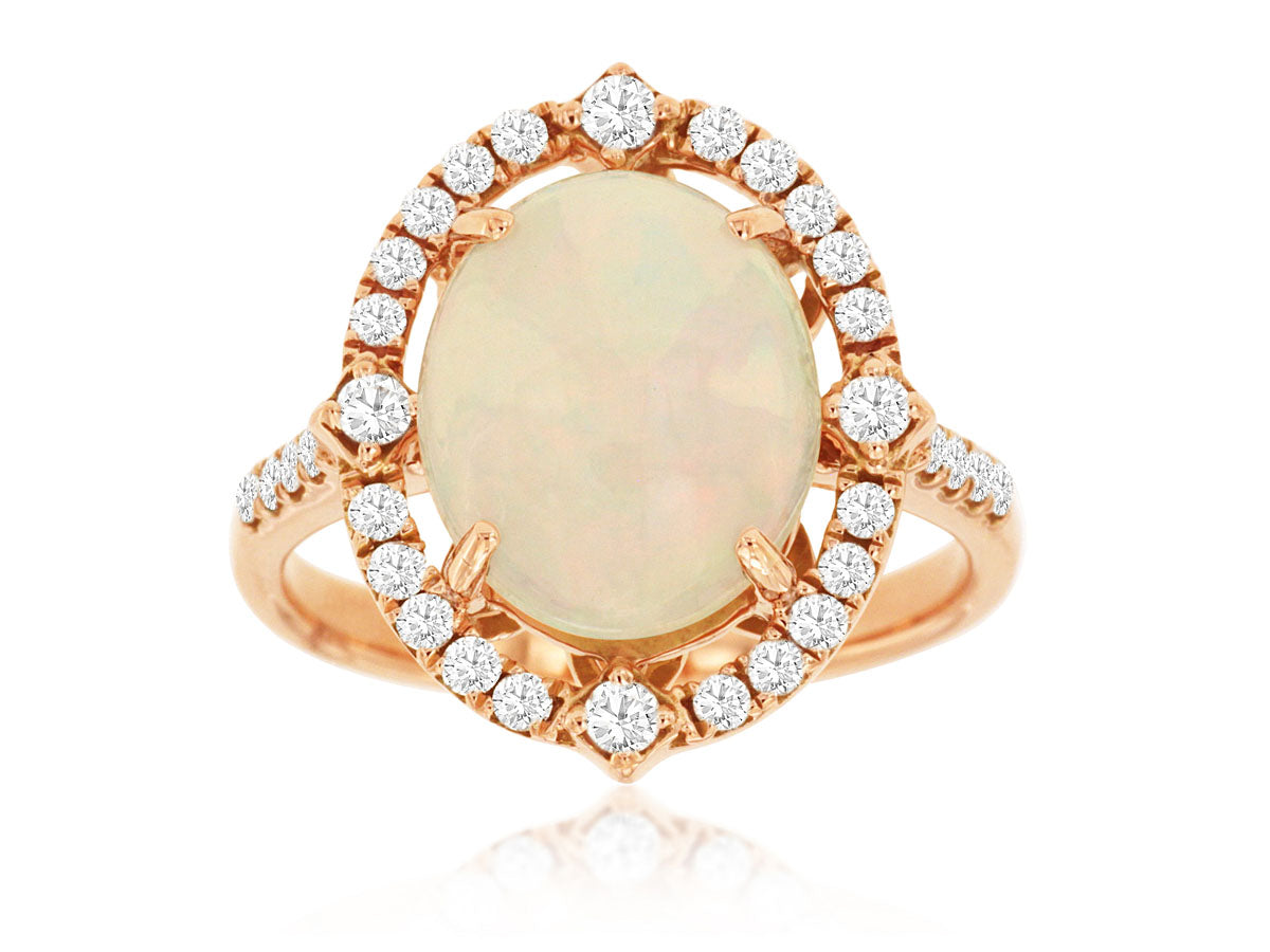 Vintage Oval Halo Opal Ring in 14 Karat Rose Gold with Oval Shaped 3.00 Carat Opal