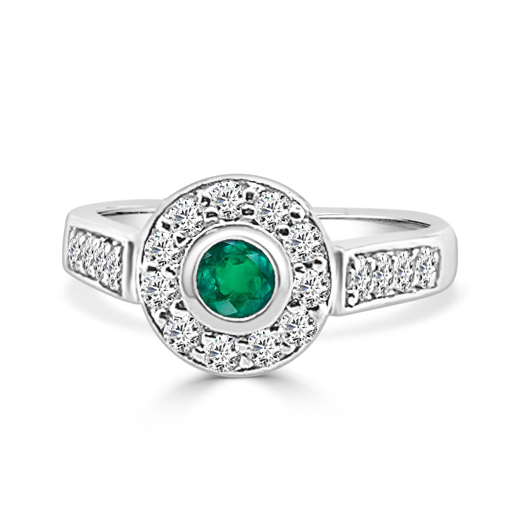 14K White Gold Bezel Set Emerald and Diamond Ring with Round Shape 0.30 ct
