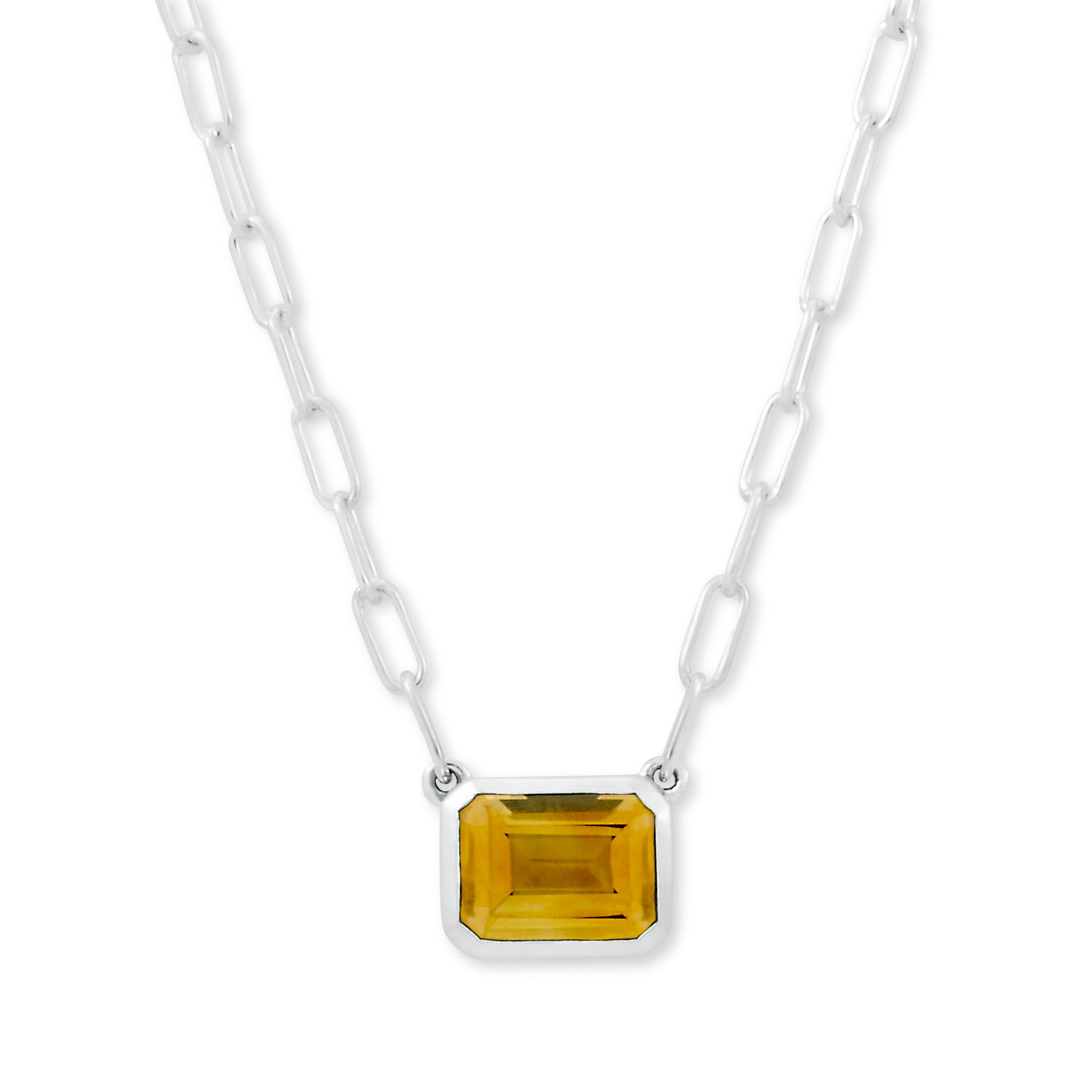 Emerald Cut Citrine Solitaire Necklace in Sterling Silver