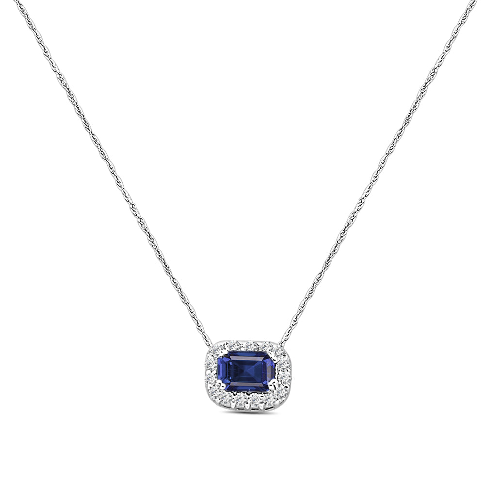 14K White Gold Blue Sapphire and Diamond Emerald Shape Necklace with 0.70 Carat