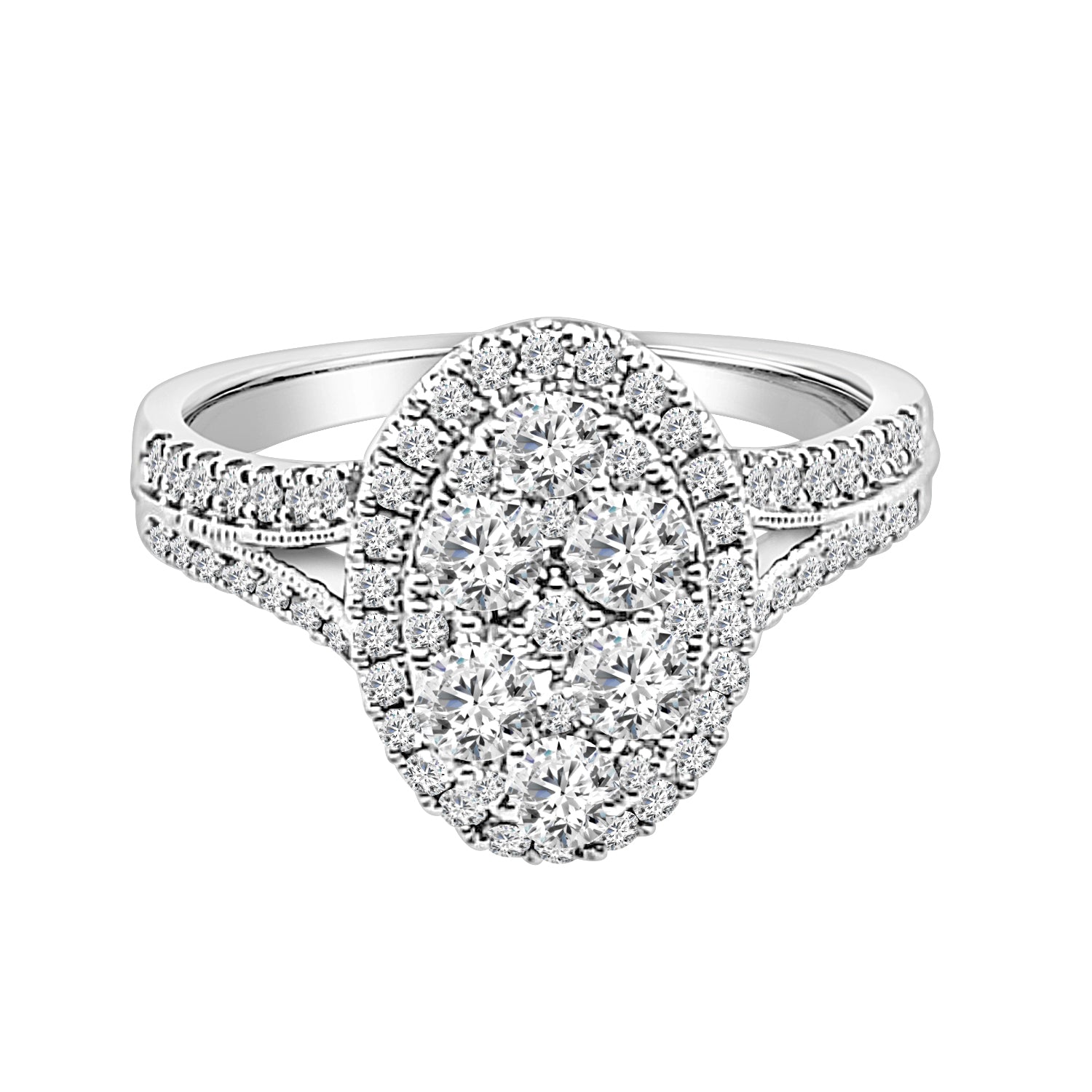 1.00ct Natural Diamond Split Shank Cluster Oval Engagement Ring in 14K White Gold