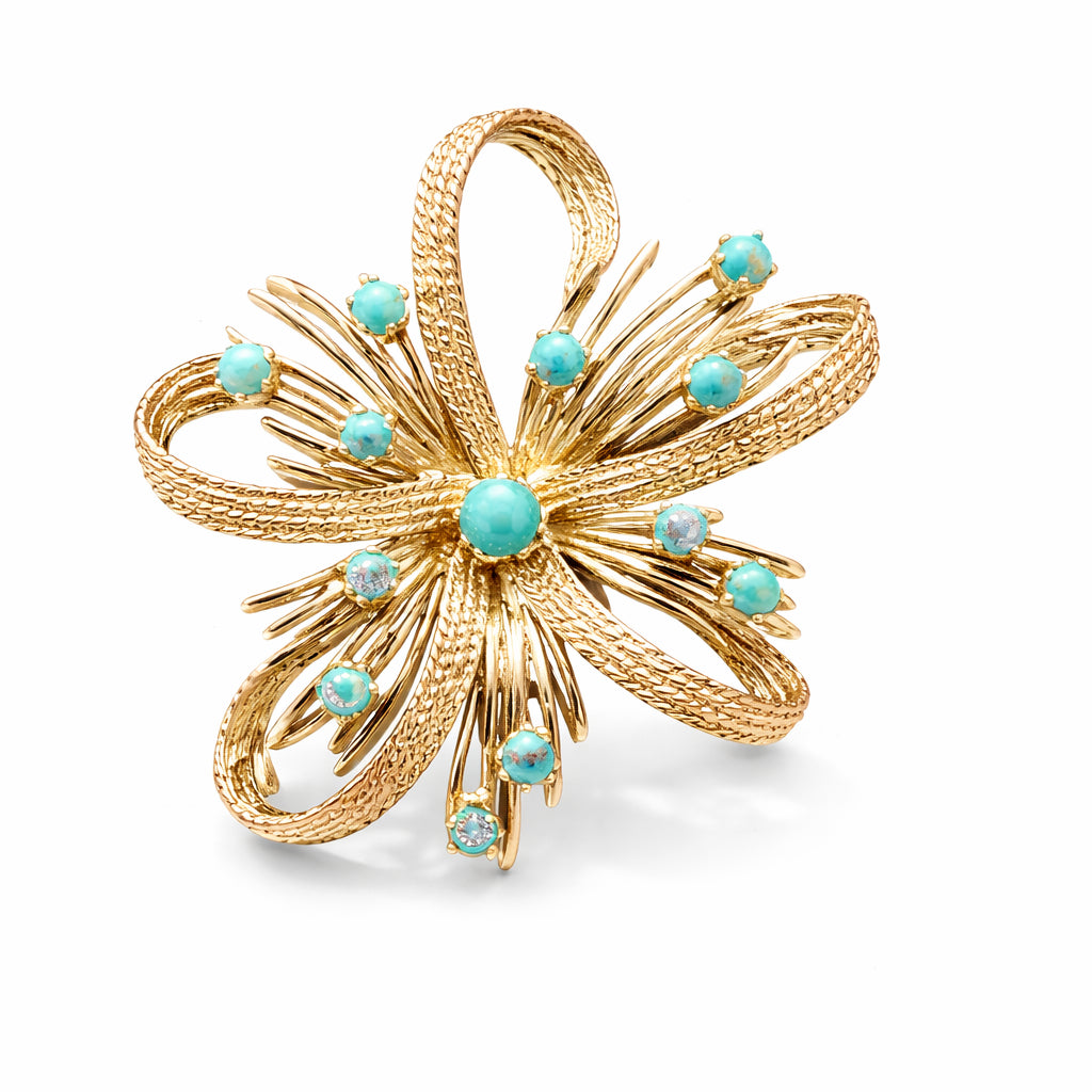 Turquoise Double Bow Broach in 14 Karat Yellow Gold