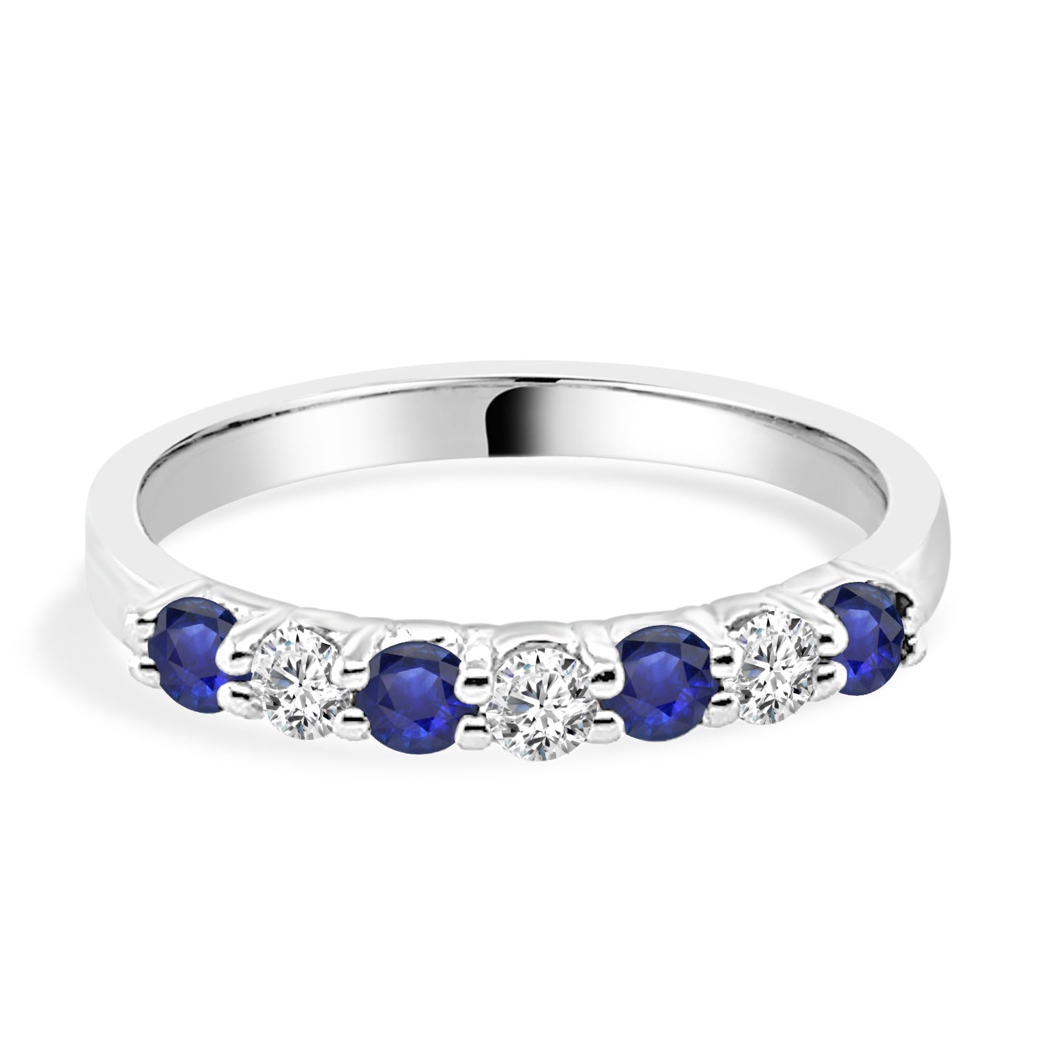 Dazzling Diamond and Sapphire Shared Prong Ring in 14 Karat White Gold with 0.35 Blue Sapphire