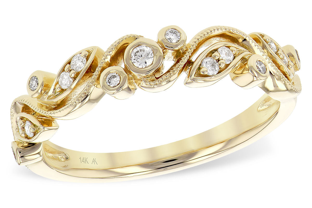 14 Karat Yellow Gold Ladies Wedding Band with Floral Vine Design and Round Natural Diamond in Milgrain Setting