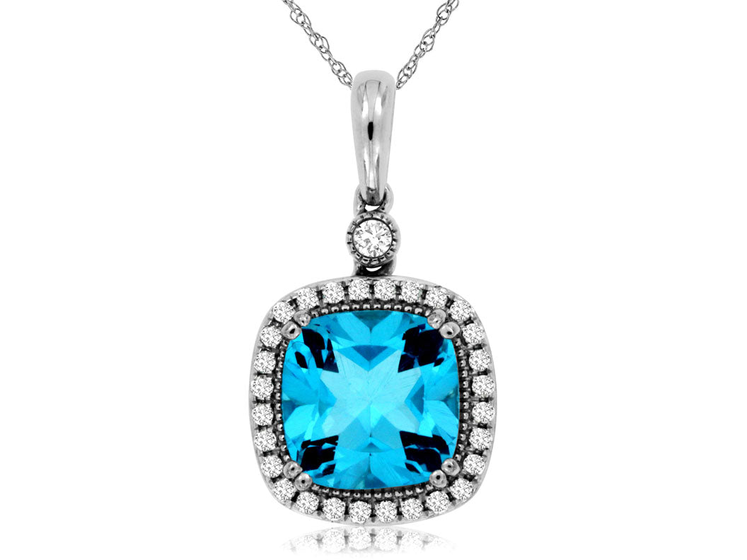 14 Karat White Gold Halo Cable Necklace with Cushion-Cut Blue Topaz Gemstone and Round Natural Diamond Accents