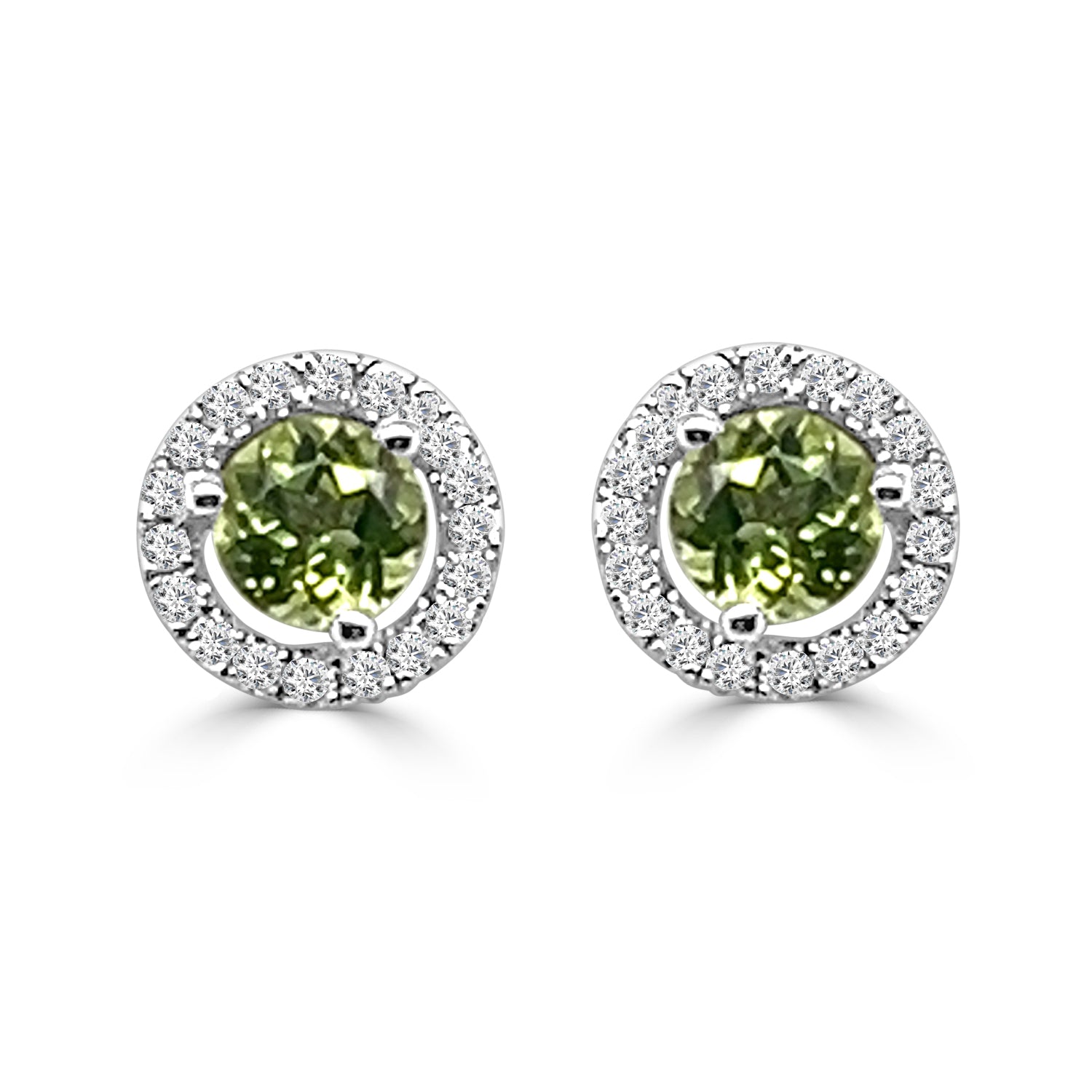 Peridot and Diamond Stud Earrings in 14 Karat White Gold, Round Shape, 0.85 carats