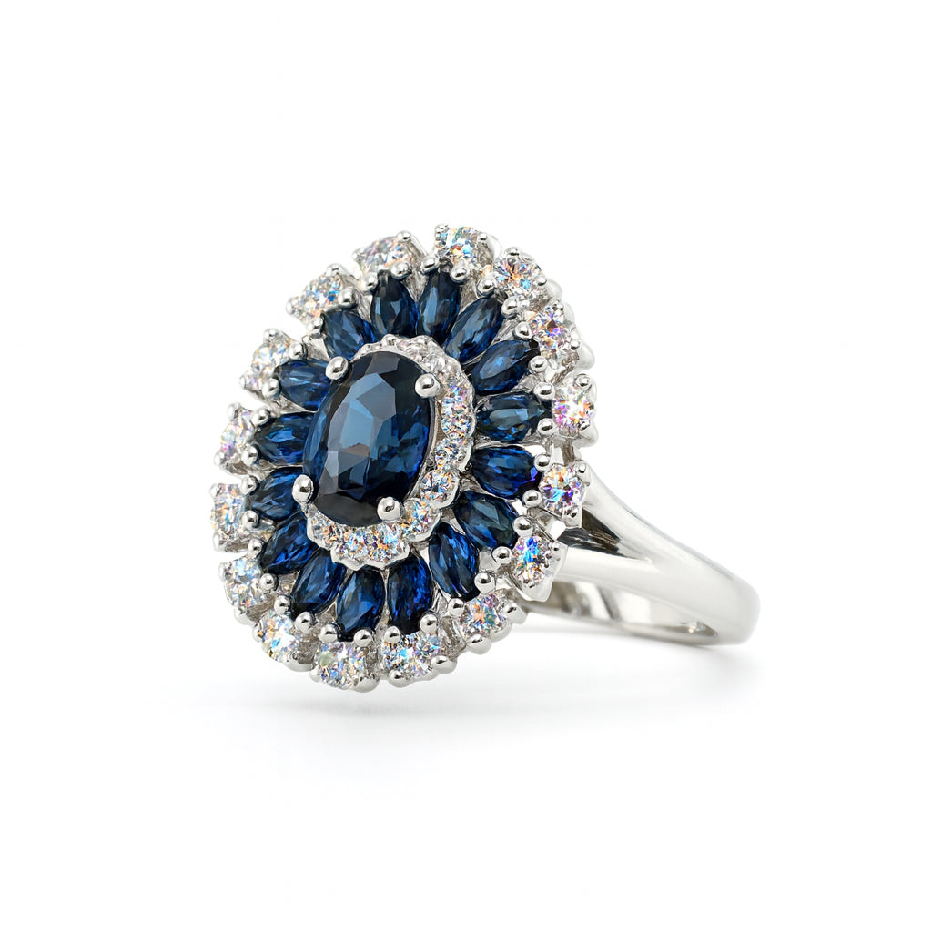 14K White Gold Multi-Halo Cocktail Ring with Stunning 3.16 Blue Sapphire