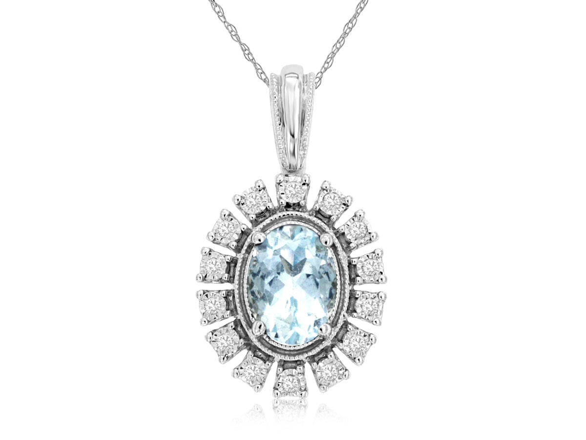 Aquamarine and Diamond Oval Pendant Necklace in 14 Karat White Gold, 0.68 Carats