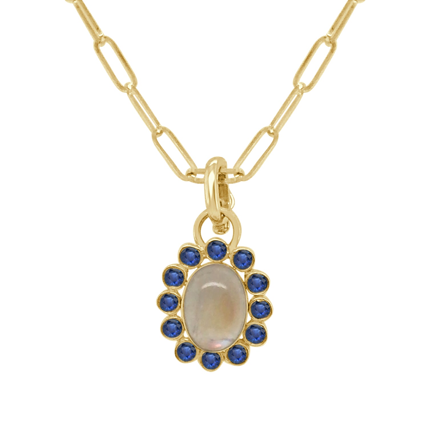 Kyanite Halo and Cabochon Oval Moonstone Pendant Necklace in 14 Karat Yellow Gold