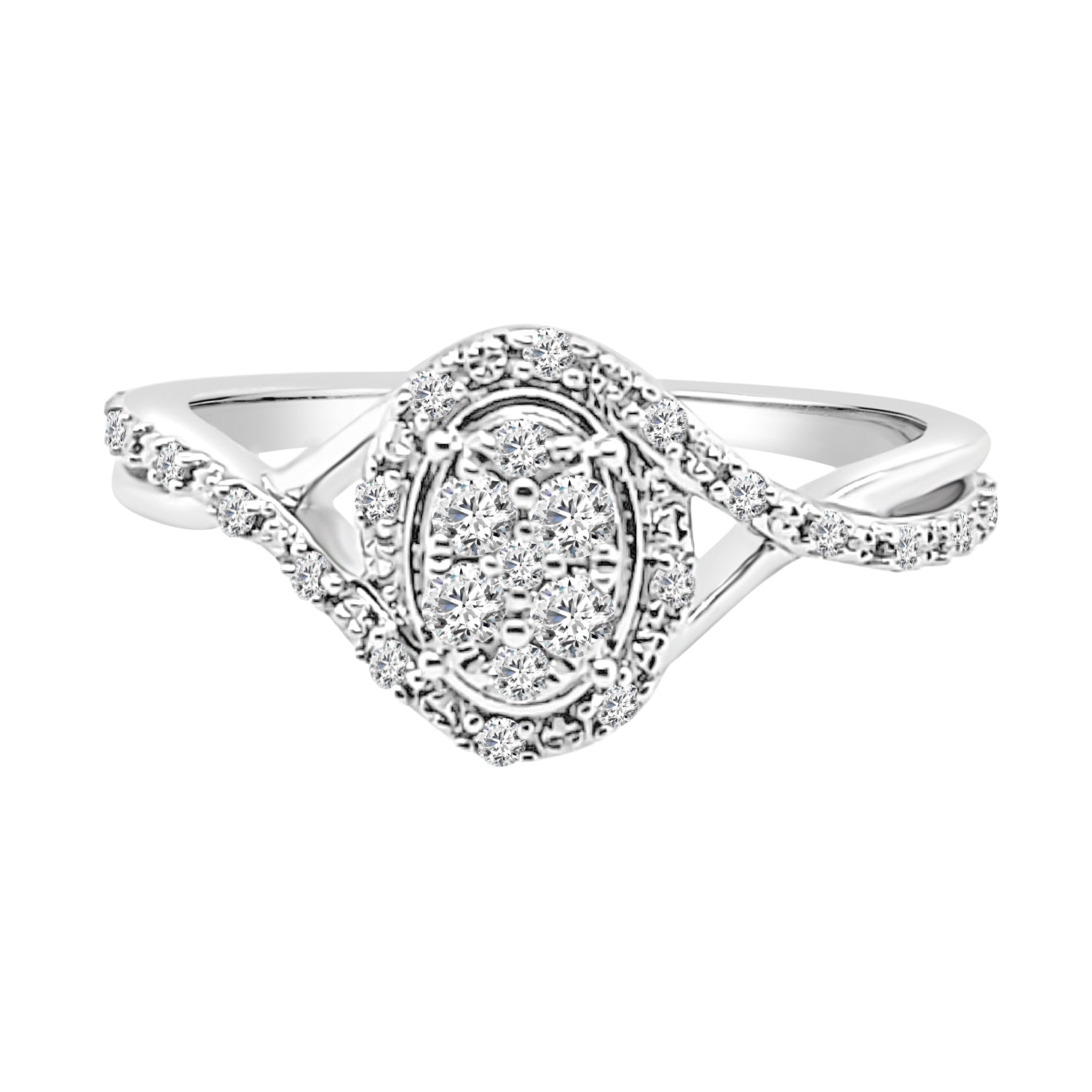 Twist Shank Cluster Oval Diamond Engagement Ring in Sterling Silver - 0.20ct Natural Diamond